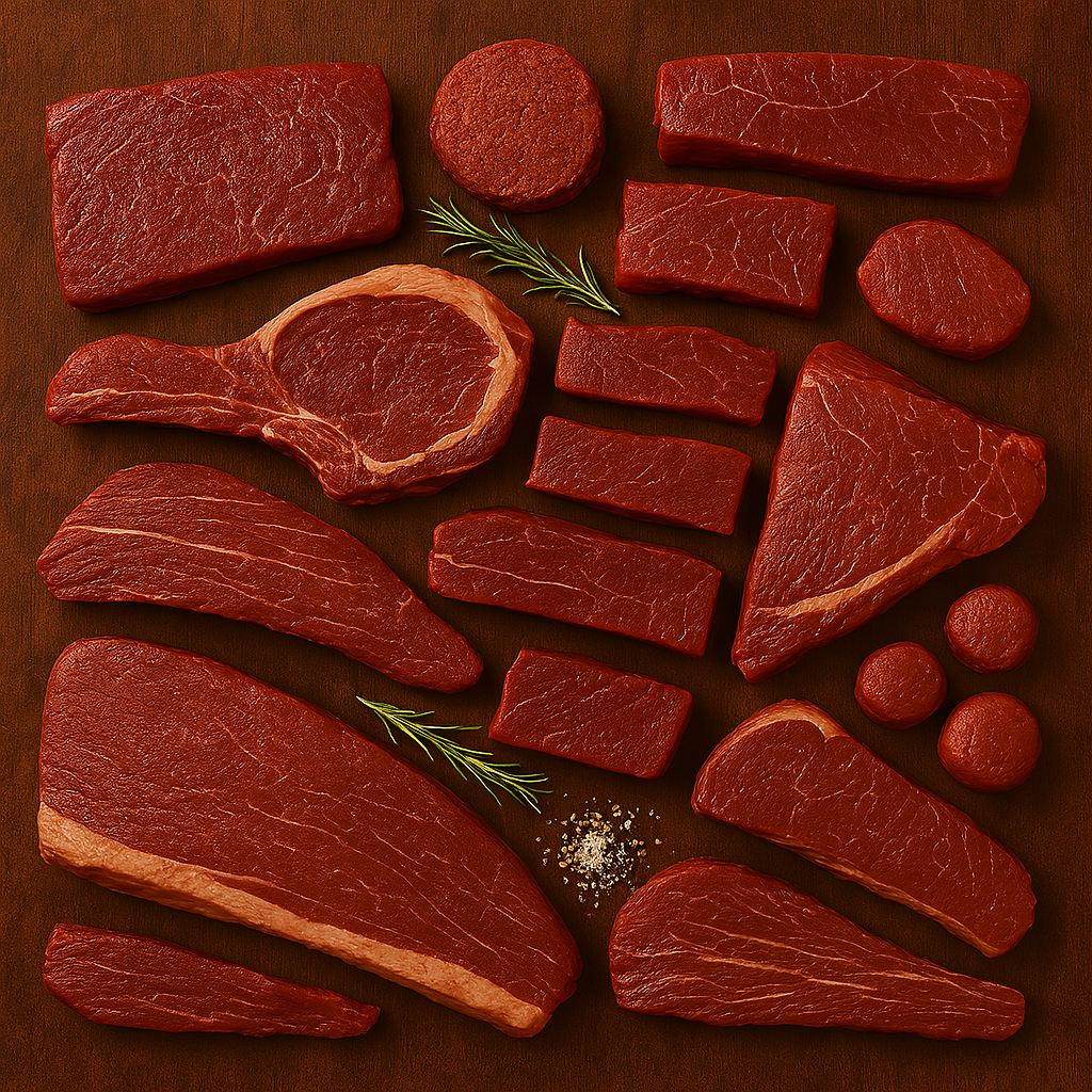 An assortment of premium bison cuts including ribeye, filet, brisket, and roast, artfully arranged on a rustic wooden table with rosemary and peppercorns.