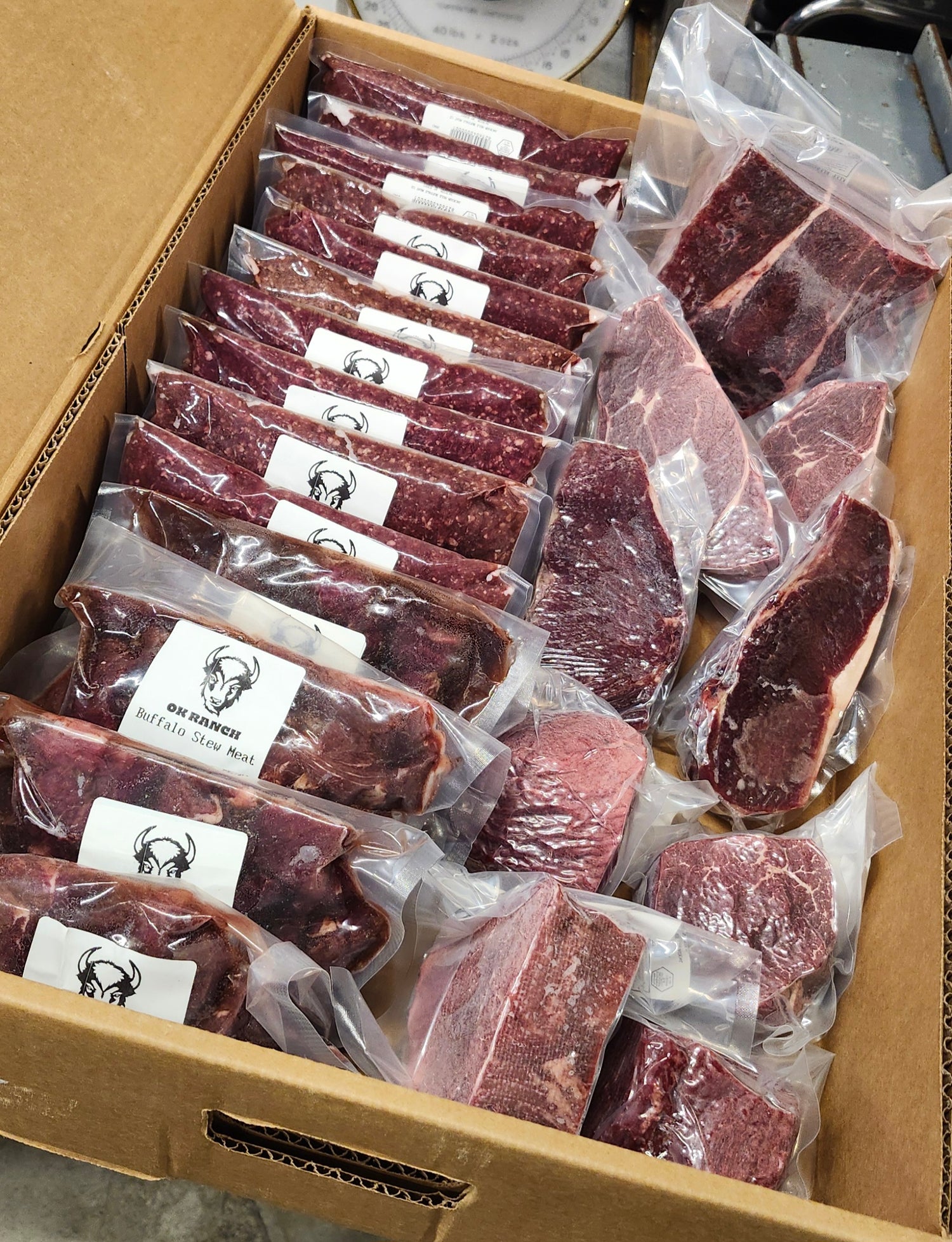 Variety of prepared and packaged premium buffalo cuts boxed