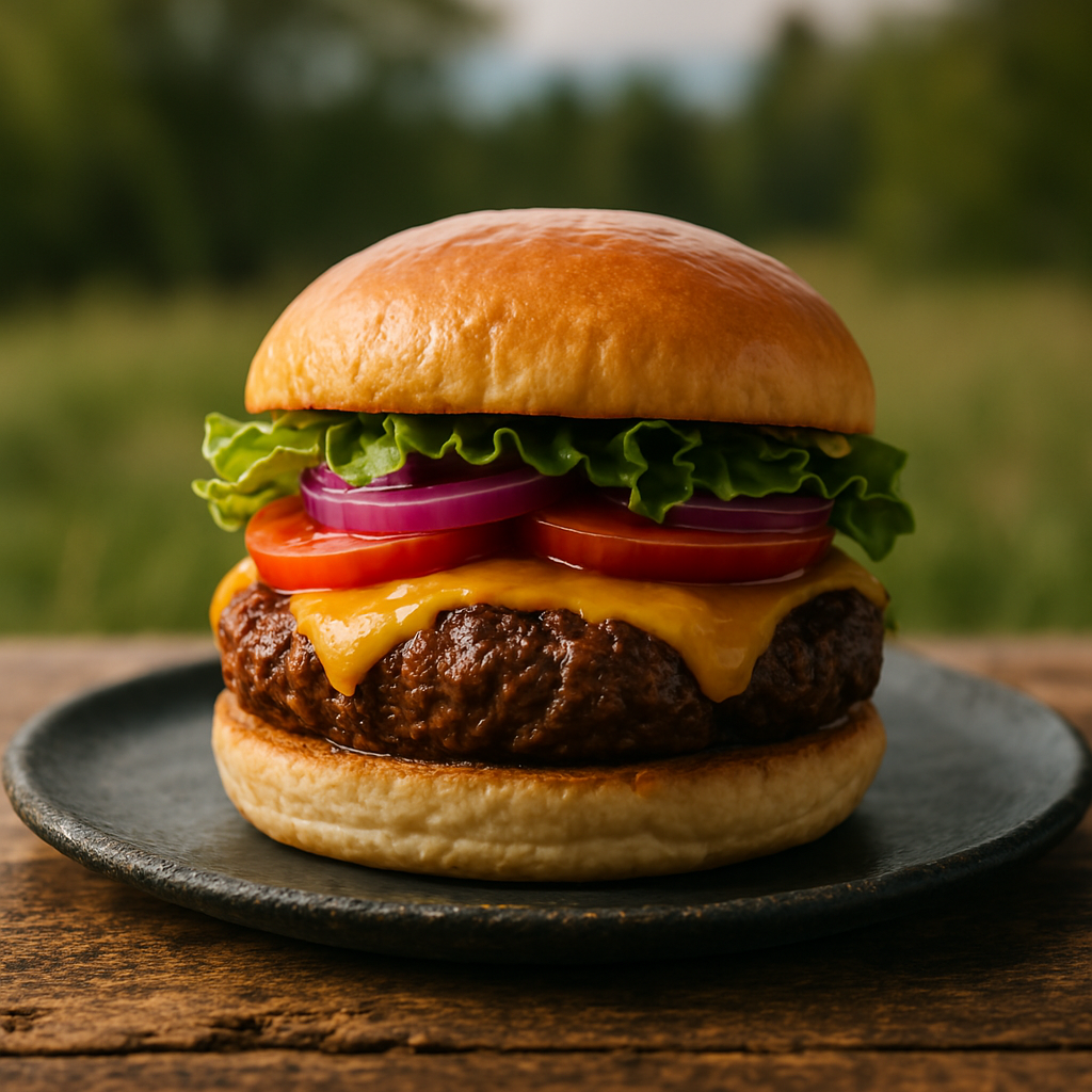 Juicy buffalo burger with melted cheese, served on a rustic plate, with a blurred nature background, capturing a cowboy-style aesthetic.